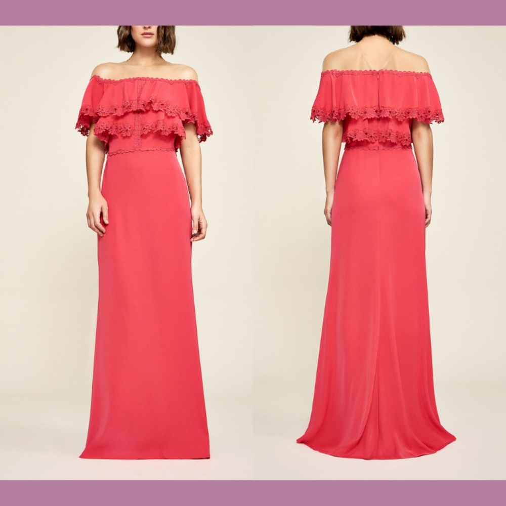 NEW $428 Tadashi Shoji Karlie Off-Shoulder Crepe‎ Gown Red [SZ 10 ]